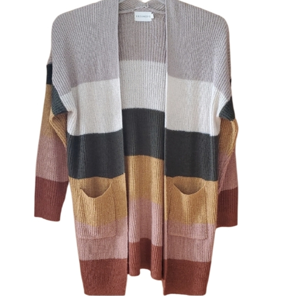 Dreamers Super Soft Striped Sweater Cardigan In Warm Colors Size Medium